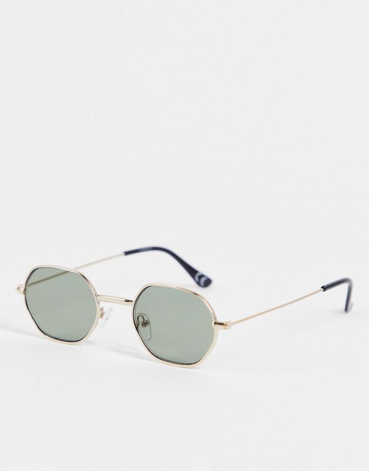 Asos Design 90's/retro Mini Angled Sunglasses In Gold Metal With Dark Green Lens - Gold
