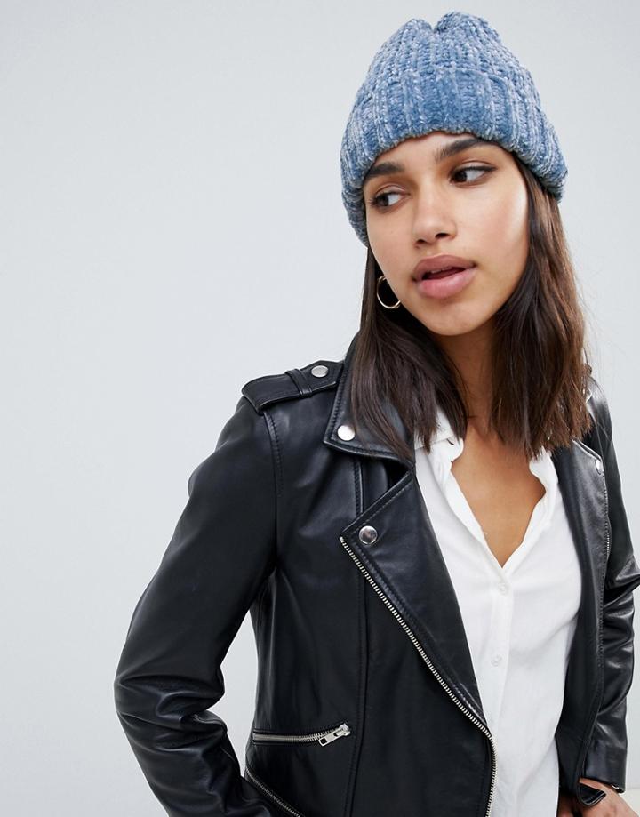 Asos Design Chenille Rib Turn Up Beanie - Blue