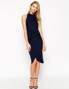 Asos Body-conscious Dress With Twist Knot Front And High Neck - Blue