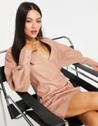 Asos Design Leather Look Asymmetric Wrap Mini Dress In Camel-neutral
