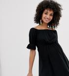 Asos Design Maternity Off Shoulder Mini Sundress With Puff Sleeve-black