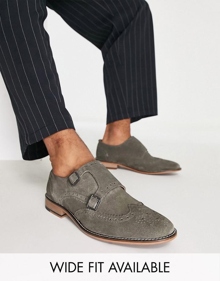 Asos Design Double Strap Monk Shoe In Gray Suede