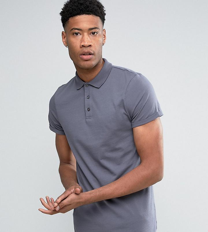 Asos Tall Polo Shirt With Roll Sleeve In Washed Blue - Blue