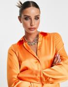 Topshop Fitted Long Sleeve Deep Cuff Satin Shirt In Orange