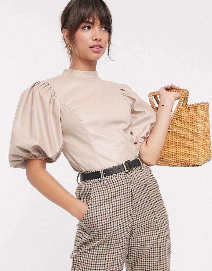 Asos Design Top With Puff Sleeve In Pu-stone
