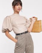 Asos Design Top With Puff Sleeve In Pu-stone