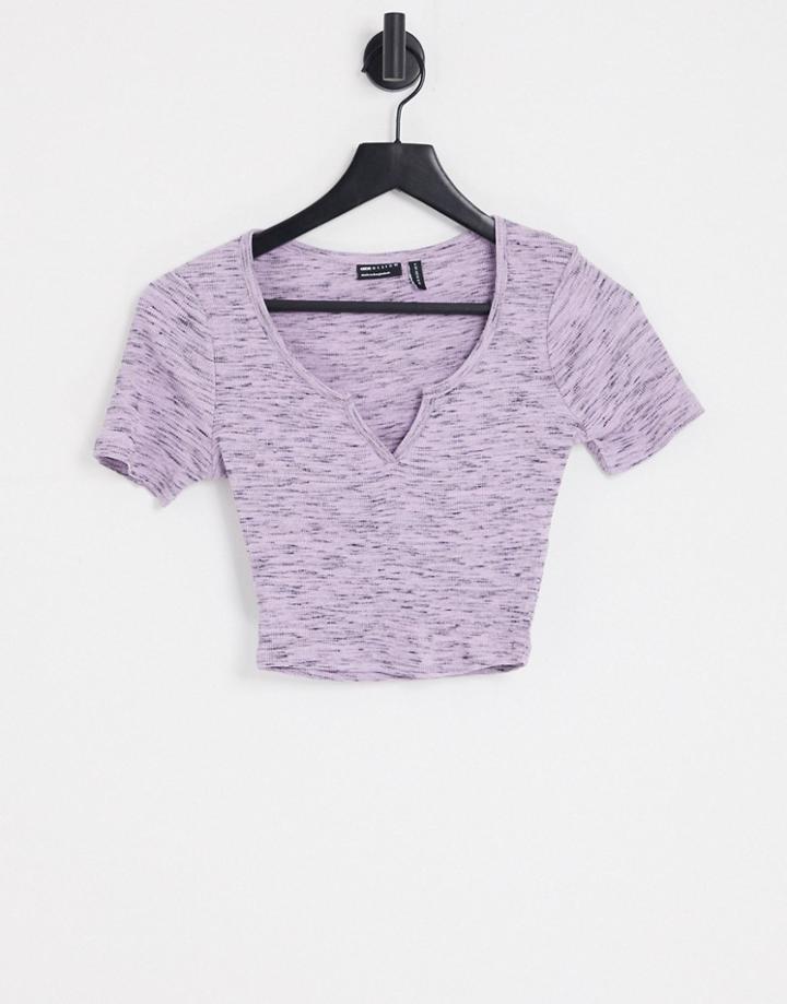 Asos Design Fitted Crop Top With Notch Neck In Lilac & Black Heather Rib-multi