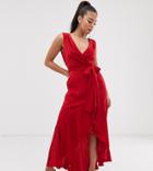Flounce London Petite Satin Wrap Front Midaxi Dress In Tomato Red - Red