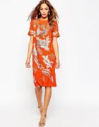 Asos Bright Orange Fire Bird Midi Shift Dress - Orange