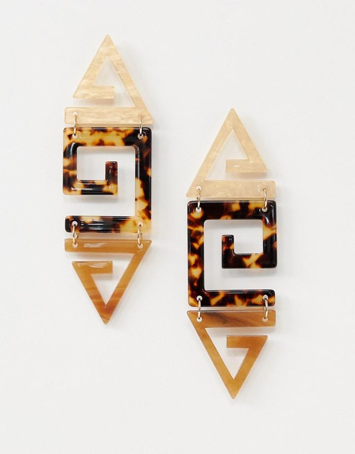 Asos Design Drop Earrings In Logo Resin Design In Tortoiseshell - Gold