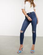 Asos Design High Rise Ridley 'skinny' Jeans In Dark Stonewash Blue With Busted Knees-blues
