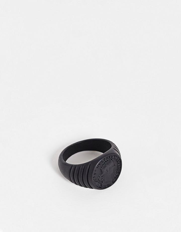 Asos Design Signet Ring With Coin Detail And Embossing In Matte Black