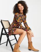 Asos Design Ruffle Neck Mini Dress With Fluted Three-quarter Sleeves In Black Floral Print-multi