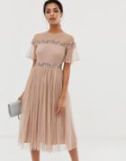 Maya Short Sleeve Pleated Midi Dress With Embellished Bodice - Cream