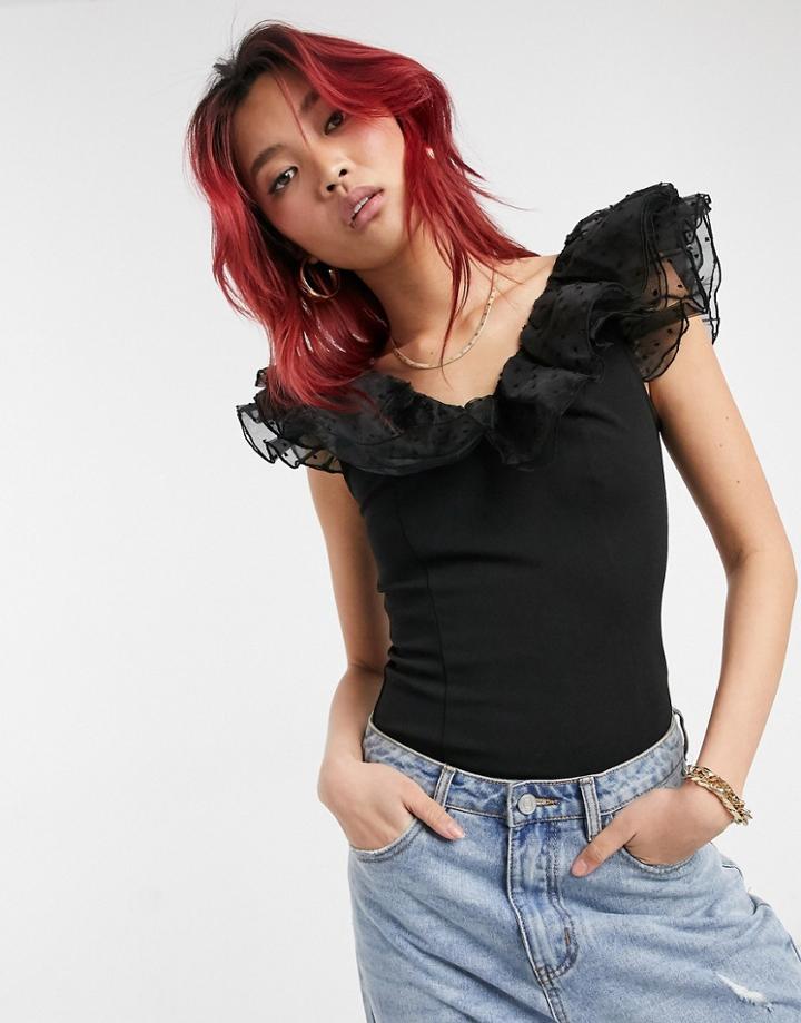 River Island Spot Organza V-neck Top In Black