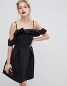 Asos Design Strappy Ruffle Scuba Prom Mini Dress-black