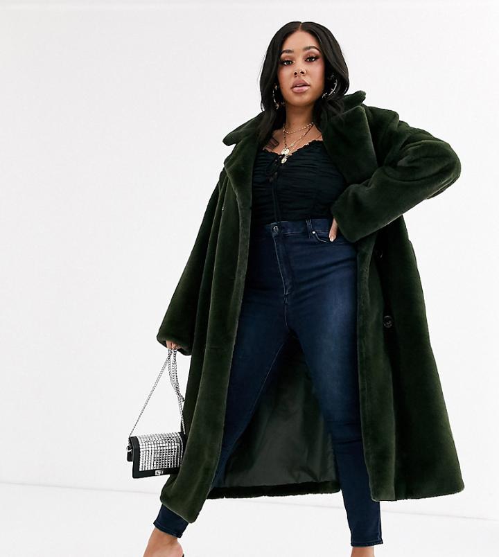 Asos Design Curve Faux Fur Trench Coat In Khaki