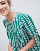 Asos Design Collarless Cotton Shirt In Green Stripe - Multi