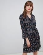 Darling Geo Print Belted Shirt Dress-navy