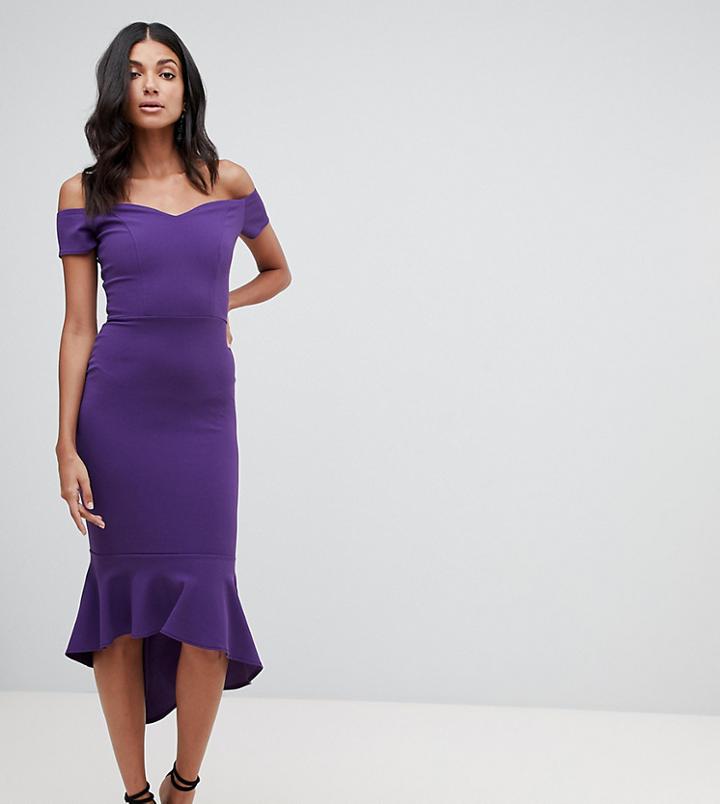 John Zack Tall Off Shoulder Midi Dress With Peplum Hem In Purple - Purple