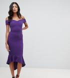 John Zack Tall Off Shoulder Midi Dress With Peplum Hem In Purple - Purple