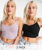 Monki Tricia 2 Pack Cropped Tank In Black And Mauve-multi