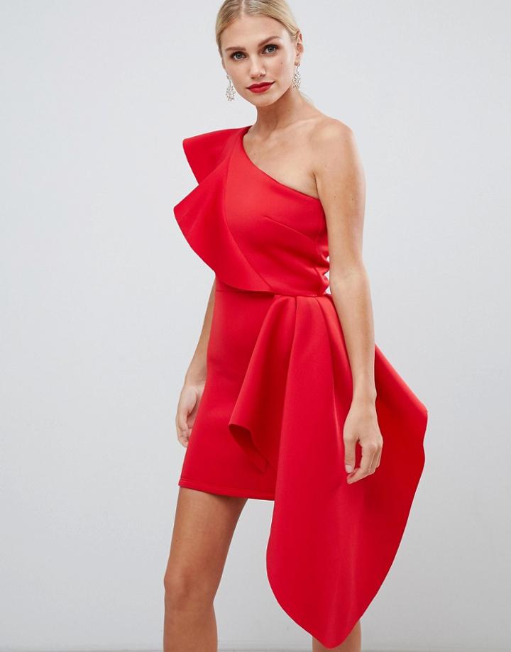 True Violet One Shoulder Frill Mini Dress In Red - Red