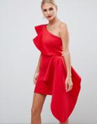 True Violet One Shoulder Frill Mini Dress In Red - Red