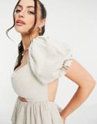 Asos Design Linen Top With Cut Out And Ruched Front In Stone-neutral