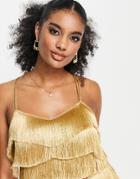 Asos Design Strappy Crop Top Fringe Layered Detail In Gold - Part Of A Set