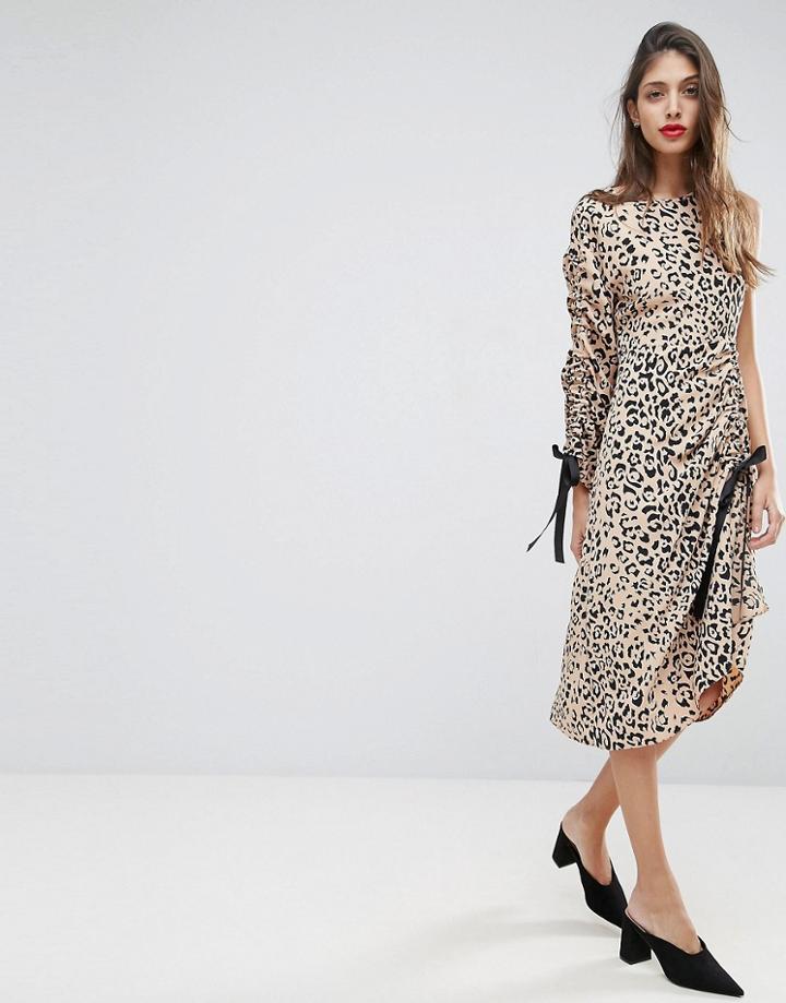 Asos Midi Dress With One Sleeve And Ruched Detail In Animal Print - Multi
