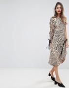 Asos Midi Dress With One Sleeve And Ruched Detail In Animal Print - Multi