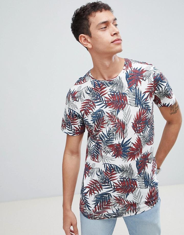 Jack & Jones Originals Longline T-shirt With All Over Leaf Print - White