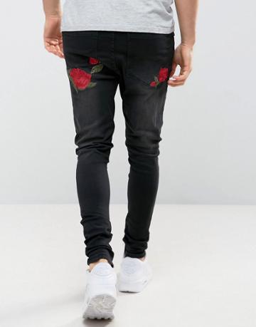 Siksilk Super Skinny Jeans With Rose Embroidery - Black