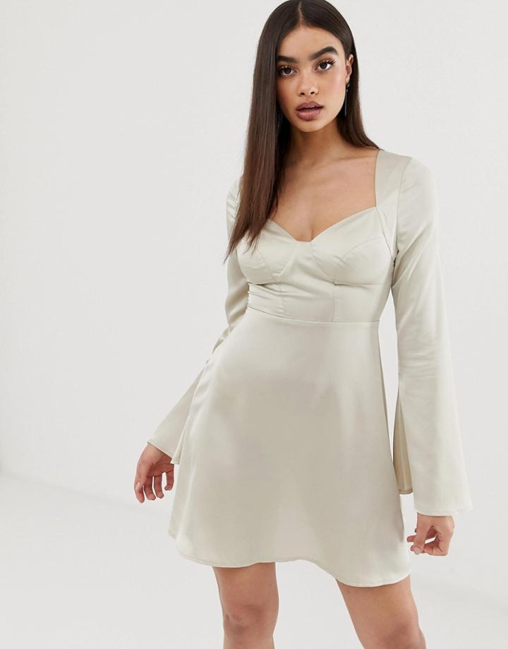 Prettylittlething Skater Mini Dress With Cup Detail In Cream Satin - Beige