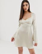 Prettylittlething Skater Mini Dress With Cup Detail In Cream Satin - Beige