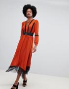 Sisley Belted Mesh Hem Midaxi Dress - Orange