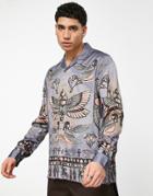 Asos Design Relaxed Revere Satin Shirt With Symbol Placement Print-blue