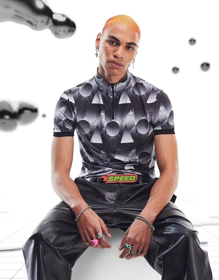 Asos Design Skinny T-shirt In Black & White Print In Sporty Fabric With Zip Neck