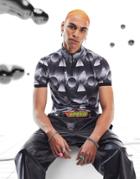 Asos Design Skinny T-shirt In Black & White Print In Sporty Fabric With Zip Neck