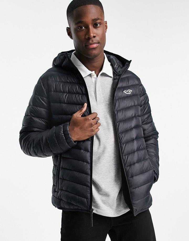 Hollister Icon/tape Logo Hooded Narrow Channel Lightweight Puffer Jacket In Black