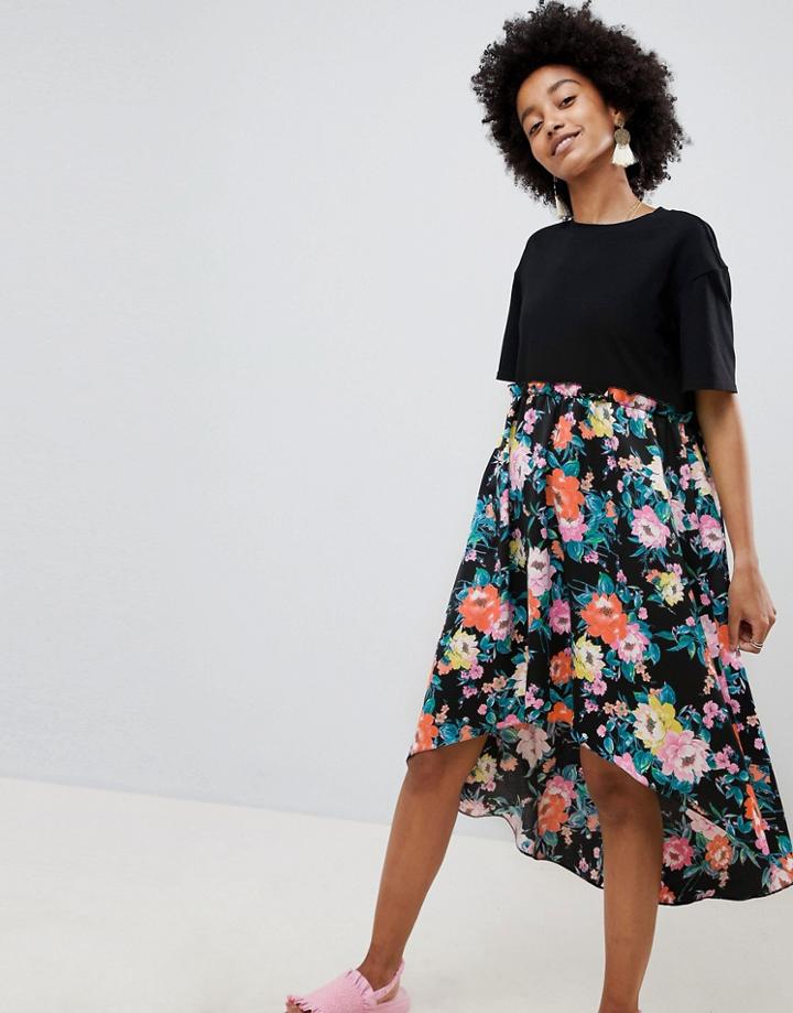 Asos Design Mixed Print Smock Mini Dress With Hi Low Hem - Multi