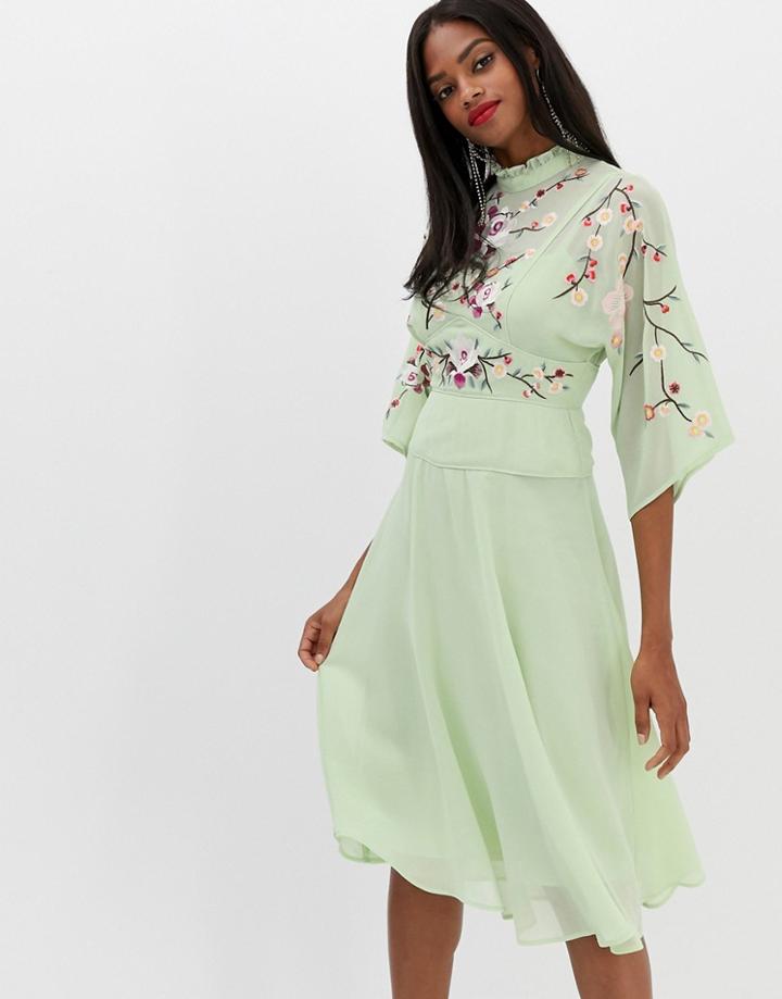 Asos Design Embroidered High Neck 70s Midi Dress-green