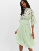 Asos Design Embroidered High Neck 70s Midi Dress-green