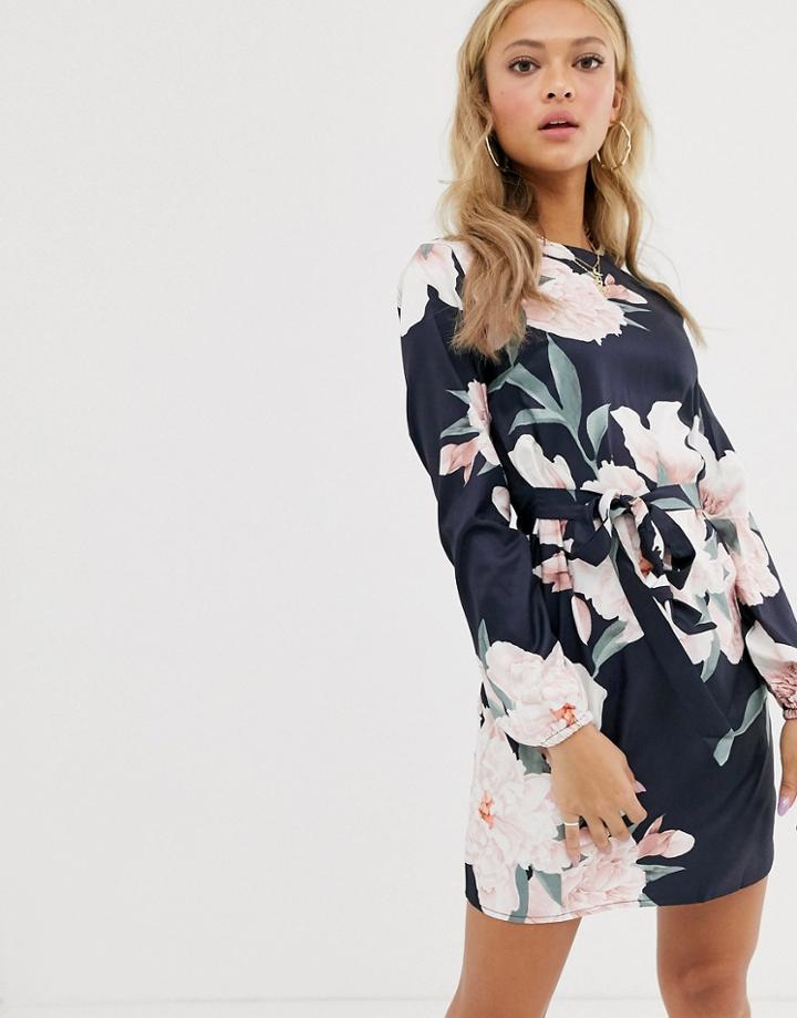 Parisian Long Sleeve Dress With Self Belt In Large Scale Floral-navy