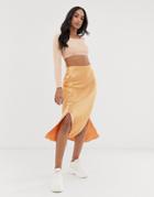 Asos Design Bias Cut Satin Midi Skirt With Splits-orange