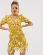 Asos Design Mini Button Through Lace Tea Dress - Yellow