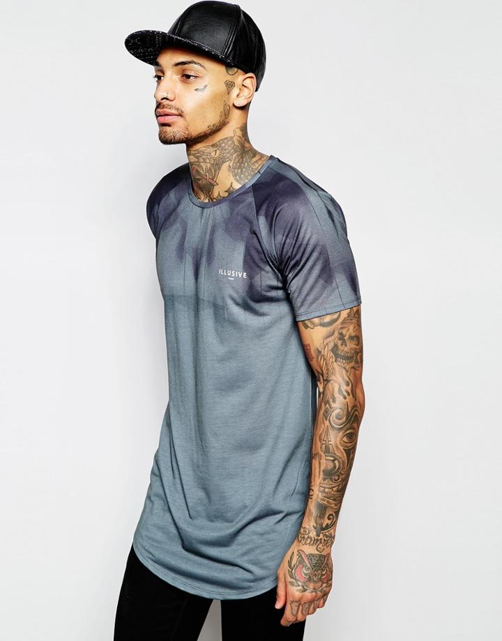 Illusive London Longline T-shirt With All Over Print - Gray