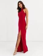 Vesper High Neck Maxi Dress With Thigh Split In Red - Red
