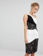 Aijek One Shoulder Midi Pencil Dress With Monochrome Lace Detail - Multi